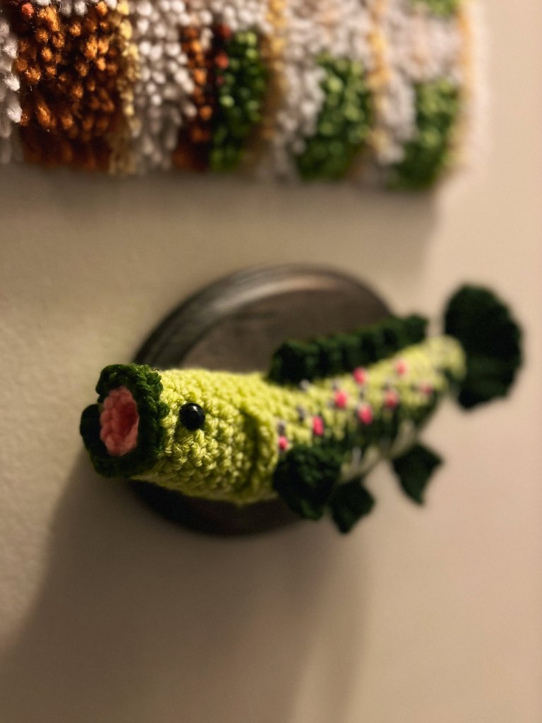 Image of mounted crocheted fish.
